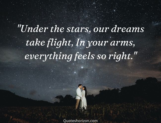 "Under the stars, our dreams take flight, In your arms, everything feels so right - Love Poetry in English 2 Lines".