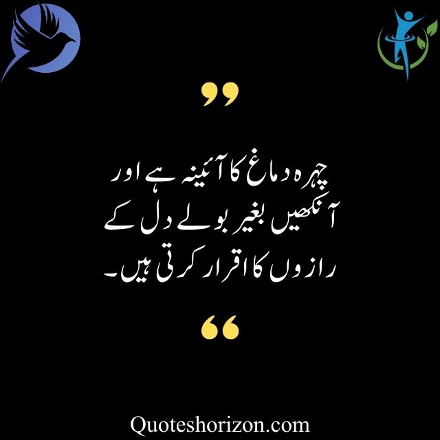 "A poetic Urdu quote depicting the face as the mirror of the mind and the eyes revealing the unspoken secrets of the heart."